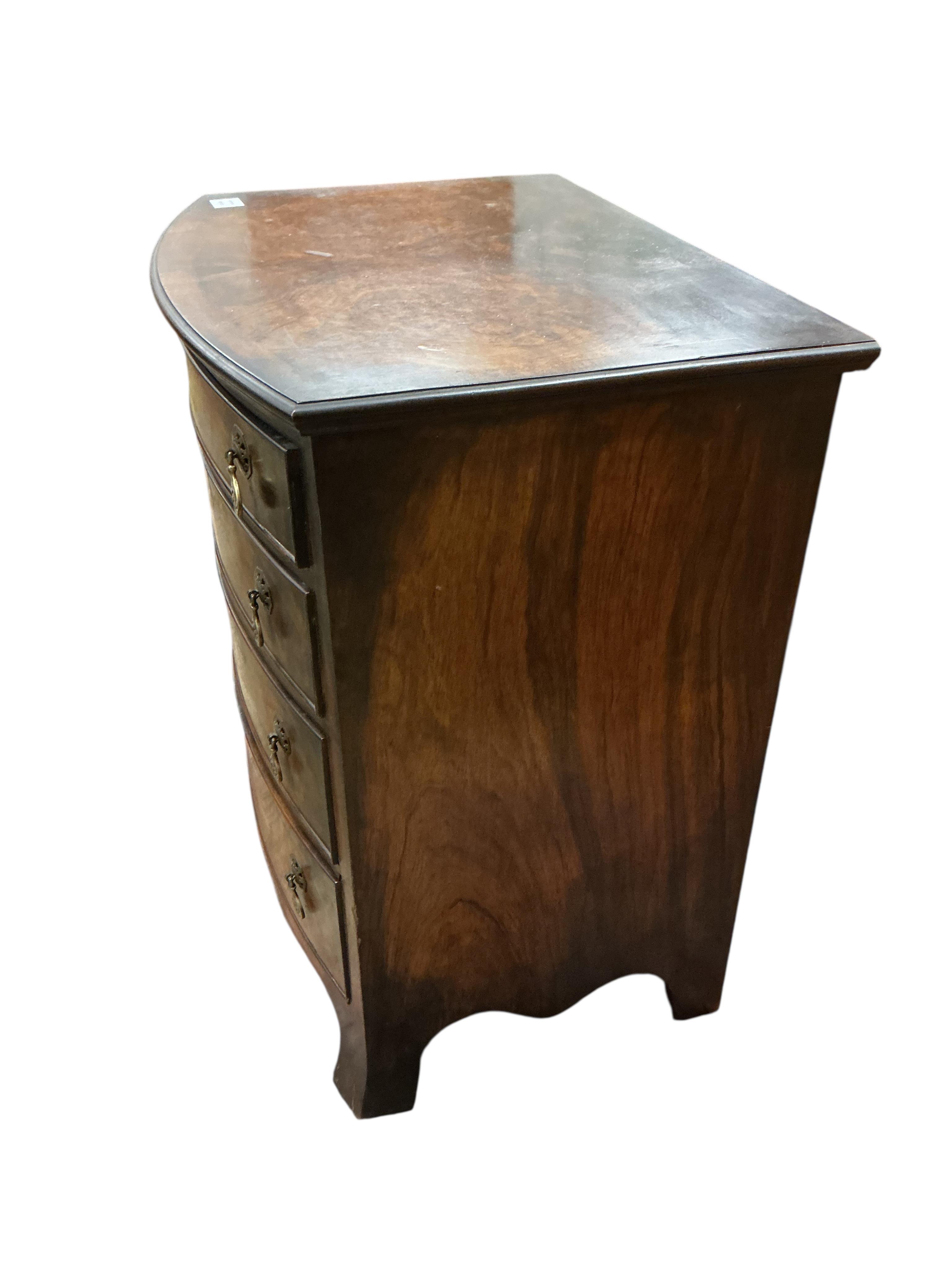 A small Queen Anne Revival walnut bowfront chest, width 68cm, depth 50cm, height 76cm